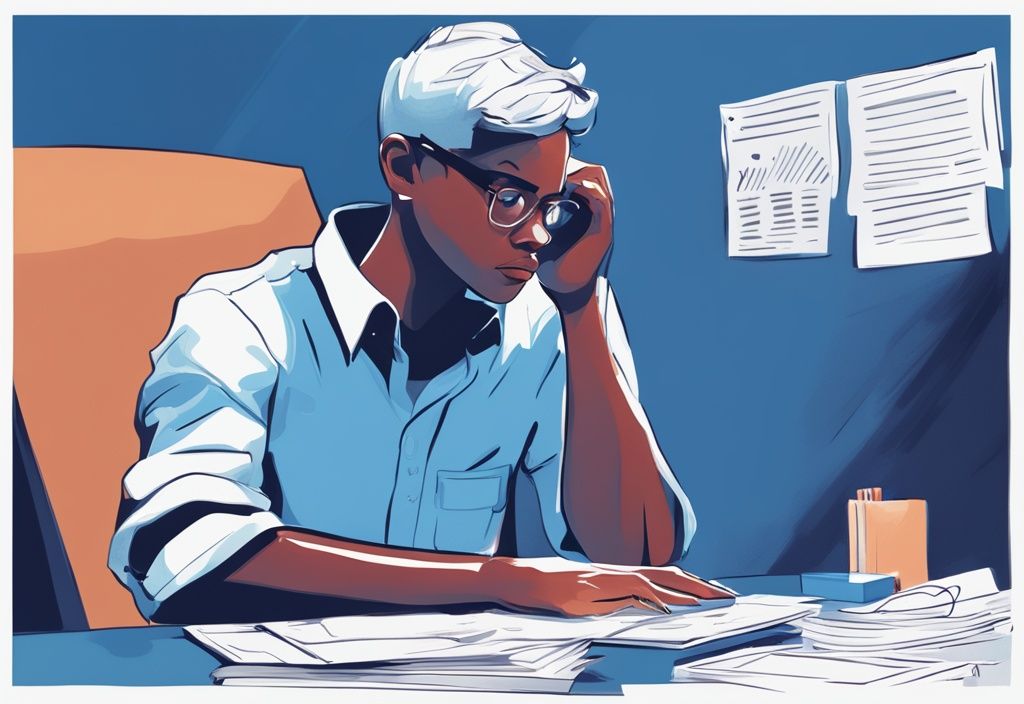 Digitale Illustration eines jungen Auszubildenden, der über einem Stapel Bankdokumente und einem Taschenrechner nachdenkt, in Blau gehalten, finanzielles Überlegen darstellend