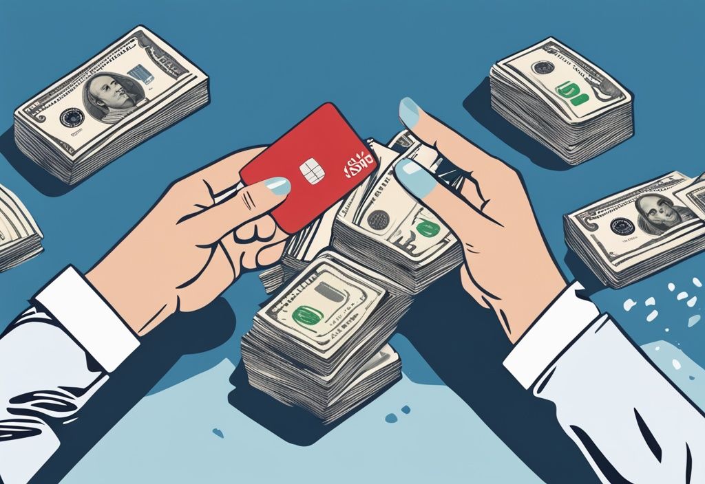 Moderne digitale Illustration in Blau, Hände halten eine Santander-Kreditkarte und Bargeld, symbolisiert Kreditrückzahlung