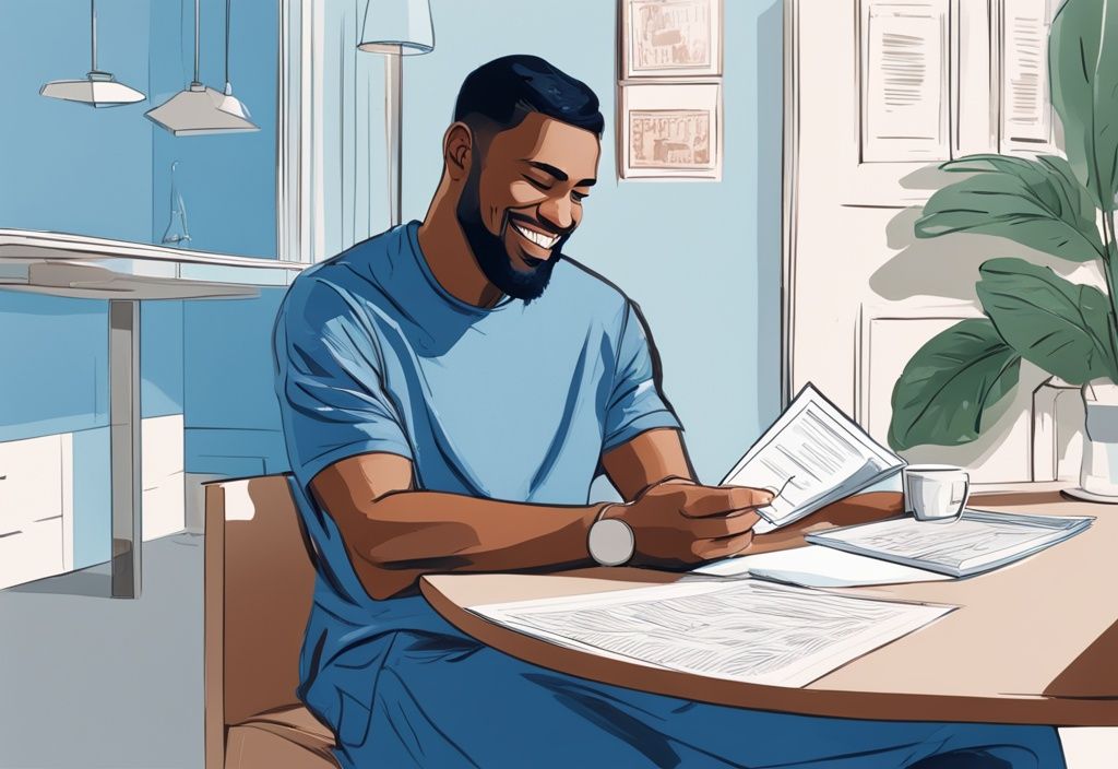 Moderne digitale Illustration mit Blau als Hauptfarbe: Zufriedene Person hält ein Dokument mit der Aufschrift "Santander-Darlehen genehmigt" und sitzt neben einem Tisch mit ihrem Auszahlungsplan.
