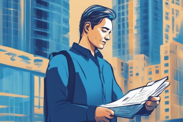 Moderne digitale Illustration in Blautönen, eine erleichterte Person hält ein Dokument zur KfW Kredit vorzeitig ablösen, unscharfe Gebäude im Hintergrund.