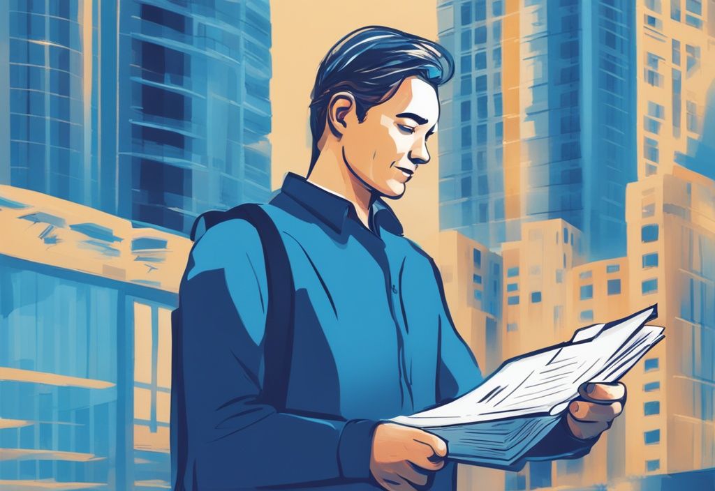Moderne digitale Illustration in Blautönen, eine erleichterte Person hält ein Dokument zur KfW Kredit vorzeitig ablösen, unscharfe Gebäude im Hintergrund.