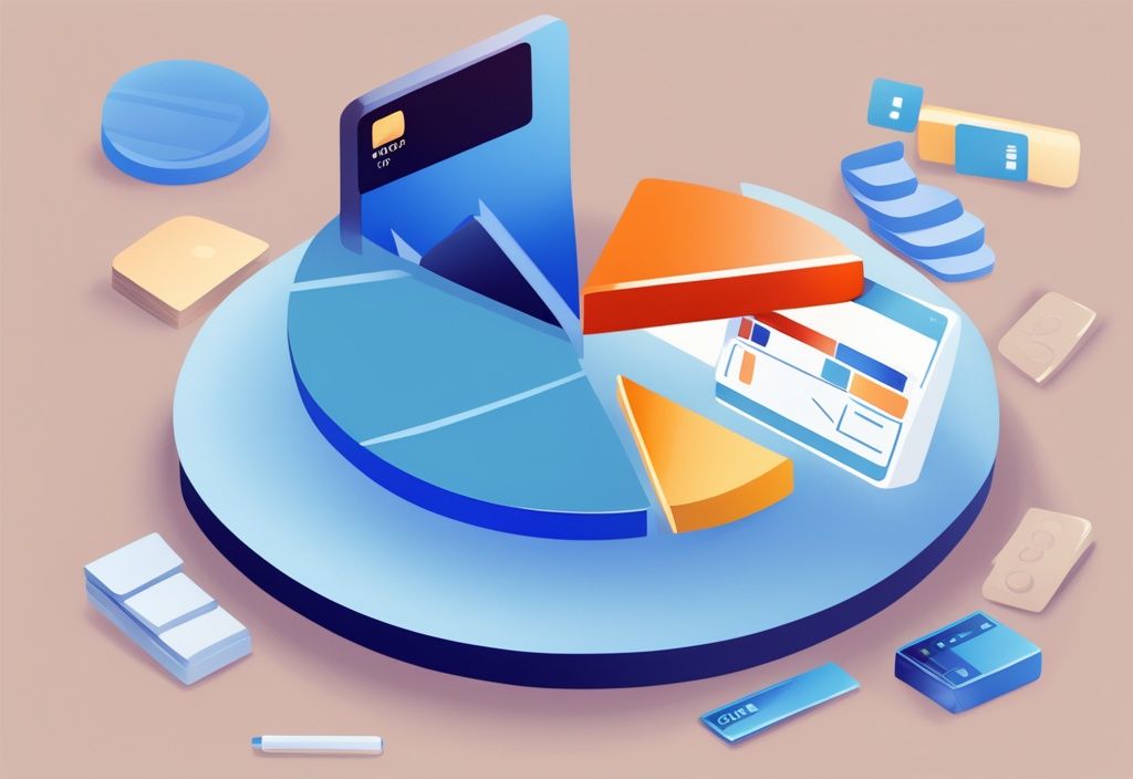 Moderne digitale Illustration in Blau mit einem Kreisdiagramm, das verschiedene Einkommensarten wie Gehalt, Freiberuflichkeit und Investitionen zeigt, mit einer schwebenden Kreditkarte zur Symbolisierung ihrer Relevanz für die Frage: was zählt als Einkommen bei Kredit.
