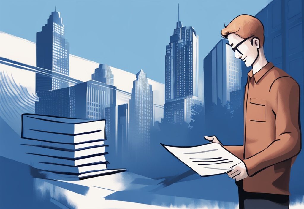 Moderne digitale Illustration in Blautönen, eine erleichterte Person hält ein Dokument zur KfW Kredit vorzeitig ablösen, mit unscharfen Gebäuden im Hintergrund.