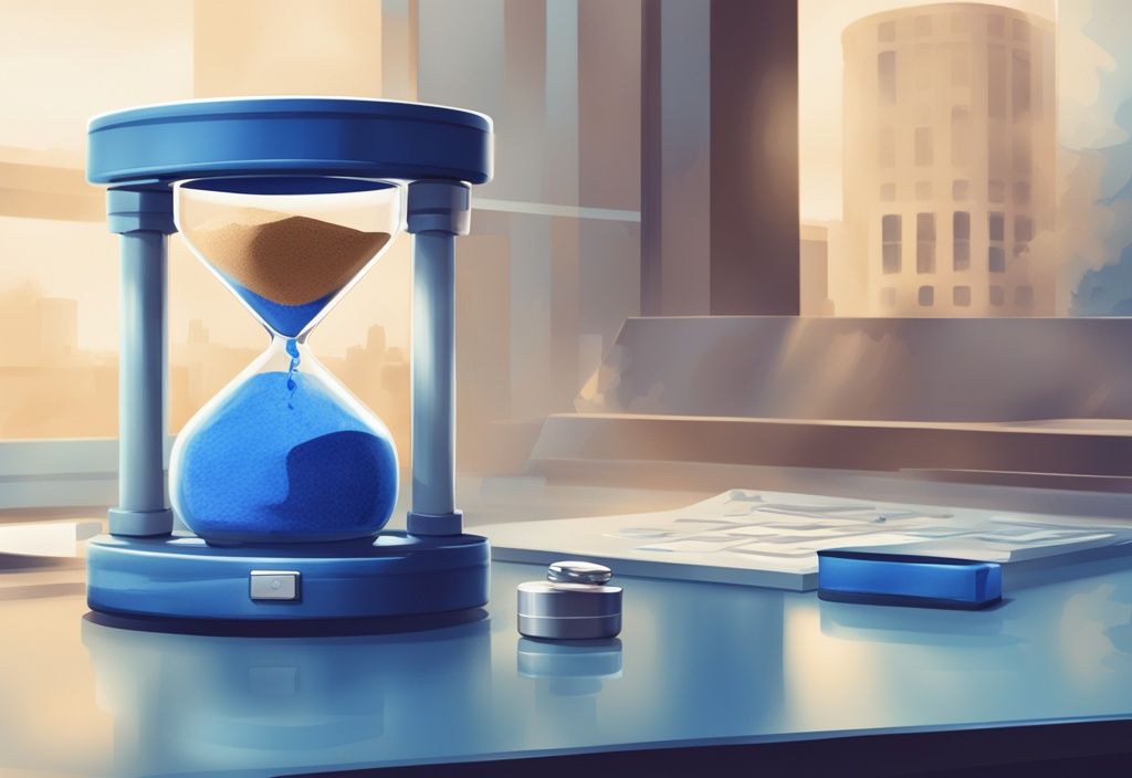 Moderne digitale Malerei mit blauem Farbschema, Sanduhr auf Schreibtisch mit Volksbank-Logo im Hintergrund, symbolisiert den Zeitablauf bei der Kreditvergabe dieser Bank.