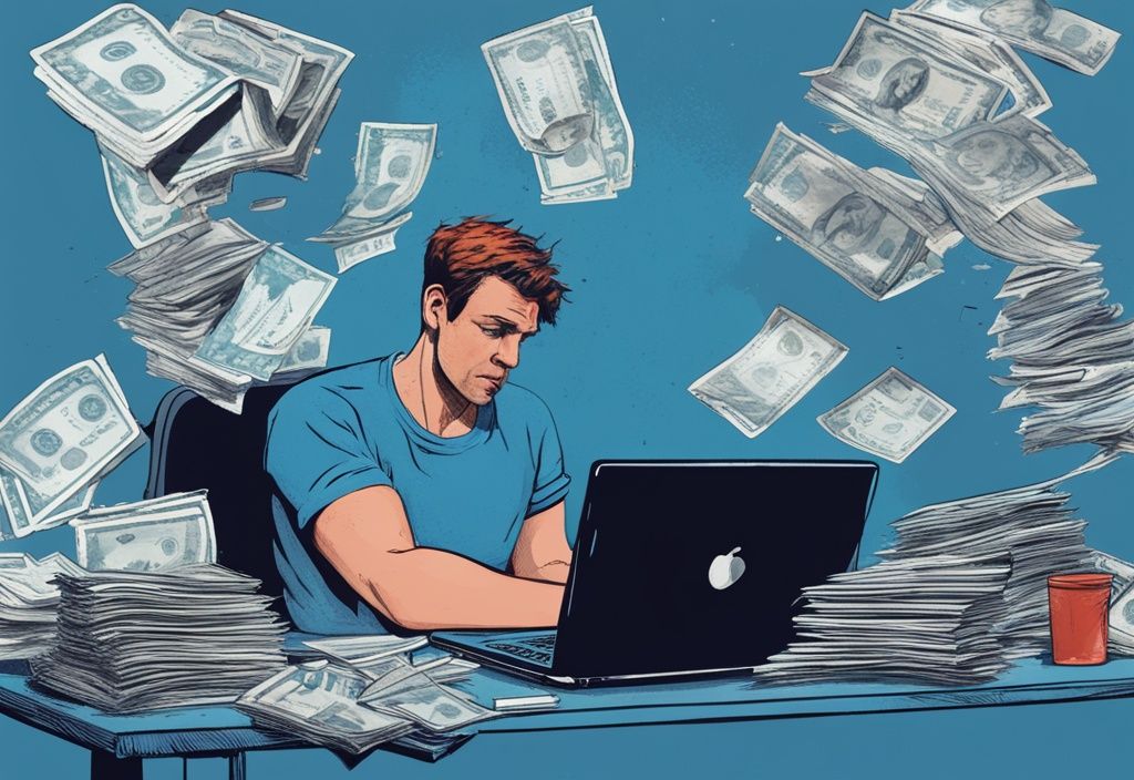 Moderner digitaler Gemälde-Illustration in Blau, zeigt eine gestresste Person, die auf einen Laptop mit Banklogos blickt, auf dem Schreibtisch liegen Rechnungen und ein Dokument mit der Aufschrift 'Hartz 4'.