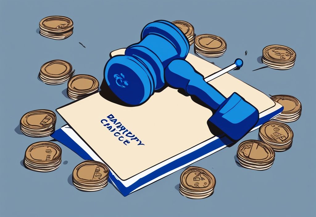 Moderne digitale Illustration in Blau mit zerschnittener Kreditkarte und Gerichtshammer, symbolisiert den Einfluss von Privatinsolvenz auf die Kreditwürdigkeit
