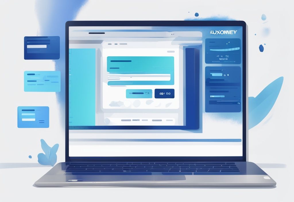 Moderne digitale Illustration mit blauem Farbschema, zeigt einen Computerbildschirm mit der Auxmoney-Website und einem Fortschrittsbalken für den Kredit-Antragsprozess, Auxmoney Kredit in Bearbeitung was bedeutet das.