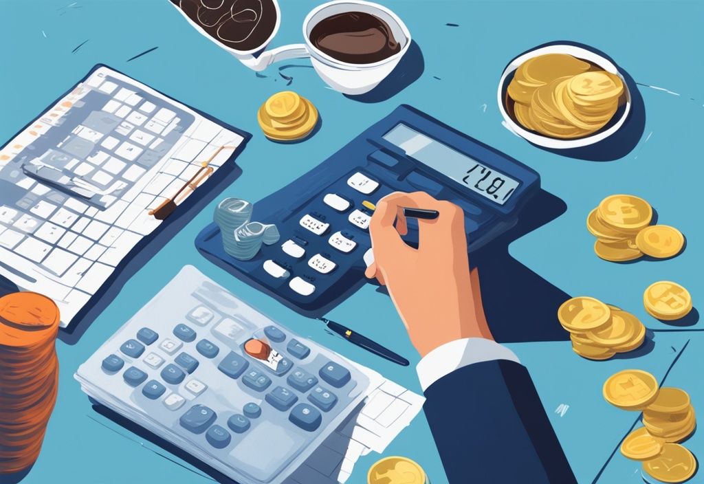 Eine Person berechnet, wie viel Prozent vom Gehalt für Kredit auf einem Budgetblatt, umgeben von einem Taschenrechner, gestapelten Münzen und einer Tasse Kaffee.