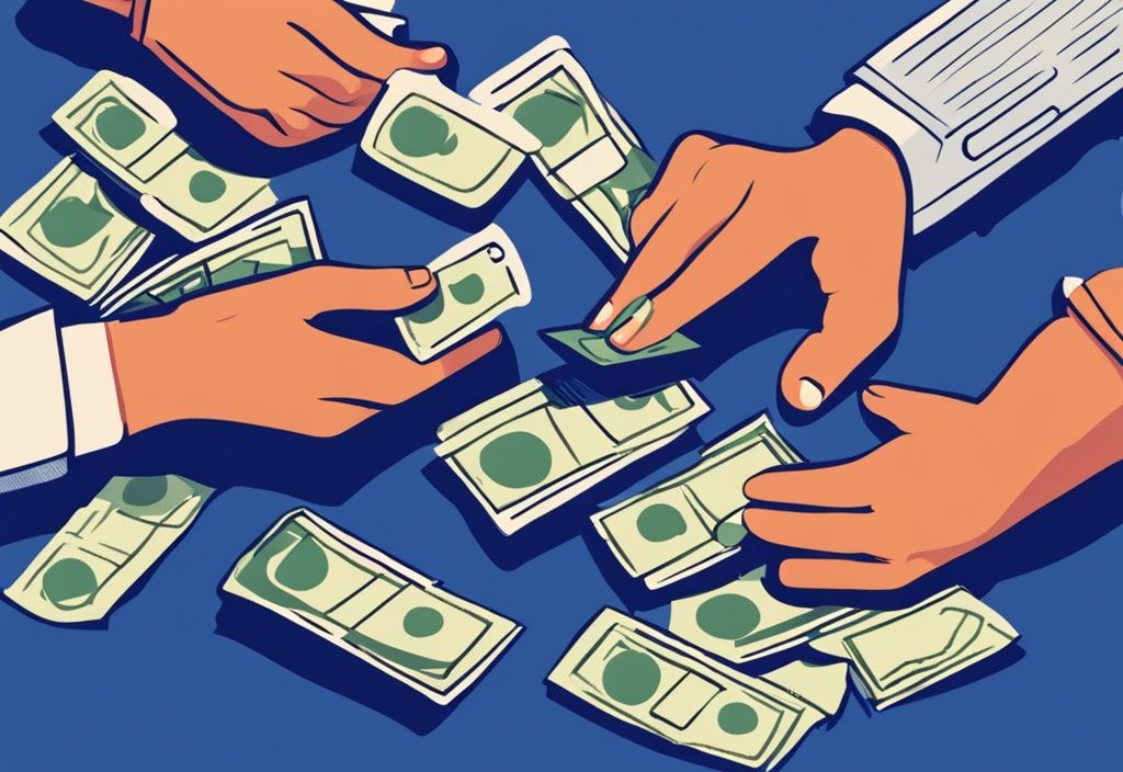 Moderne digitale Malerei, blaue Farbthematik, Person überreicht Bargeld für Kreditrückzahlung, Schecks, Kreditkarten und Zahlungstabellen im Hintergrund.