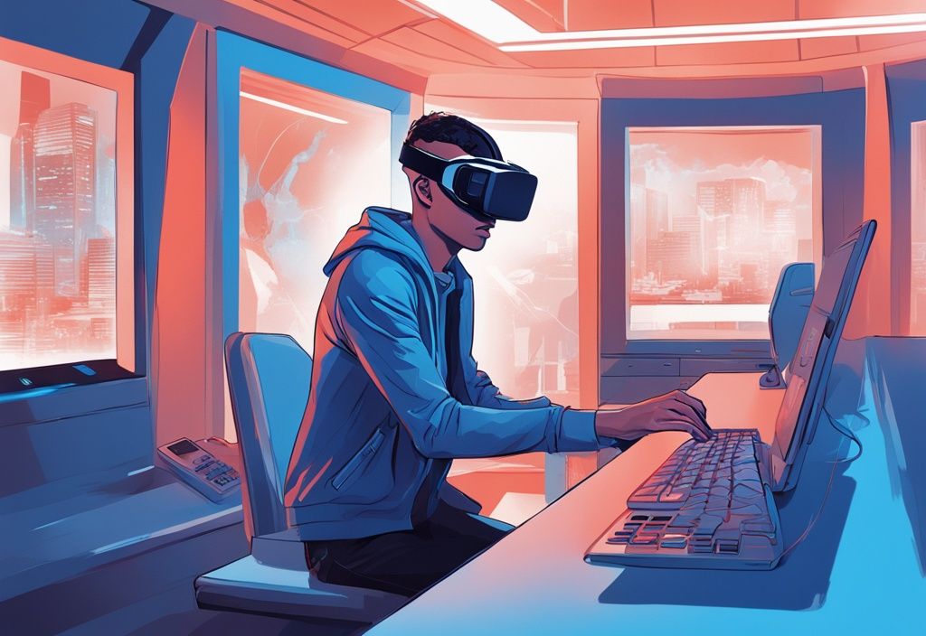 Junger Mann in virtueller Realität, der einen digitalen Bankkredit bei einer futuristischen VR-Bank erhält, moderne digitale Illustration, Hauptfarbe Blau.