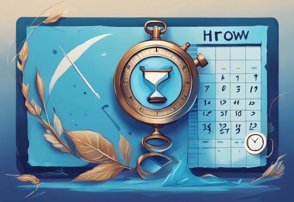 Moderne digitale Malerei mit blauem Farbschema, Kalender über einige Monate, symbolische Bilder wie Sanduhr, Pfeil und Stoppuhr, die die Vergänglichkeit von kurzfristigem Kredit darstellen.
