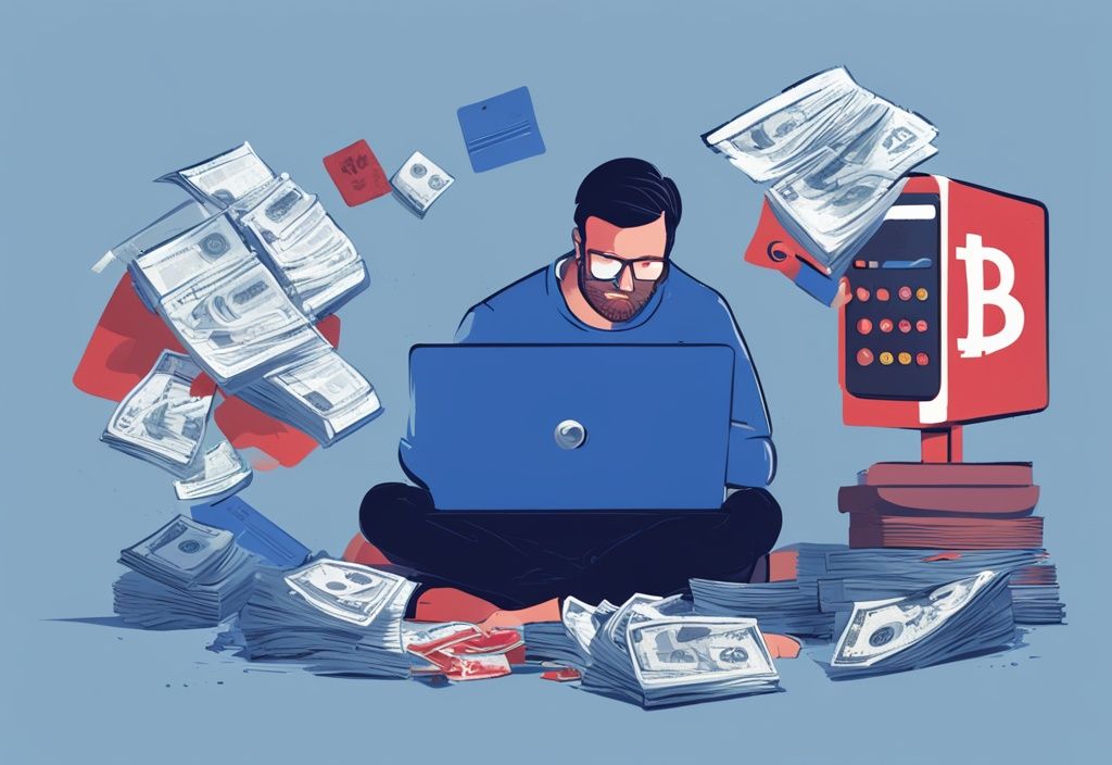 Moderner digitales Gemälde einer gestressten Person vor einem Laptop mit Banklogos, einem Stapel Rechnungen und einem Dokument mit der Aufschrift 'Hartz 4' auf dem Schreibtisch, Hauptfarbthema Blau.