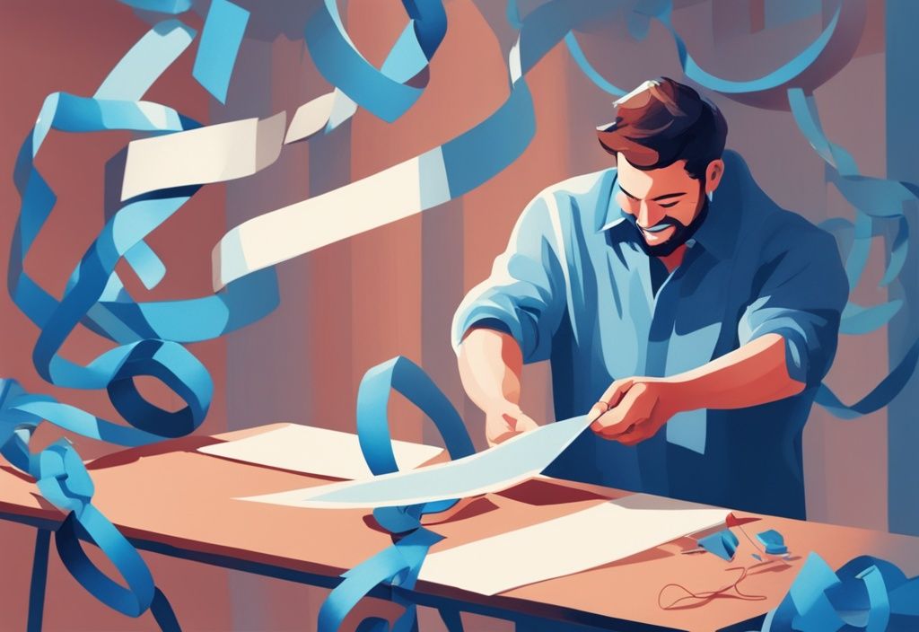 Mann schneidet freudig Papierkette, die KfW-Darlehen symbolisiert, vorzeitig ab, moderne digitale Illustration, Blau dominierende Farbe