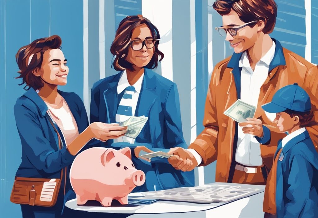 Moderne digitale Malerei, die Lebensphasen von einem Kind mit Sparschwein über einen Teenager mit Sparbuch bis hin zu einem Erwachsenen, der einem Banker die Hand schüttelt, zeigt.