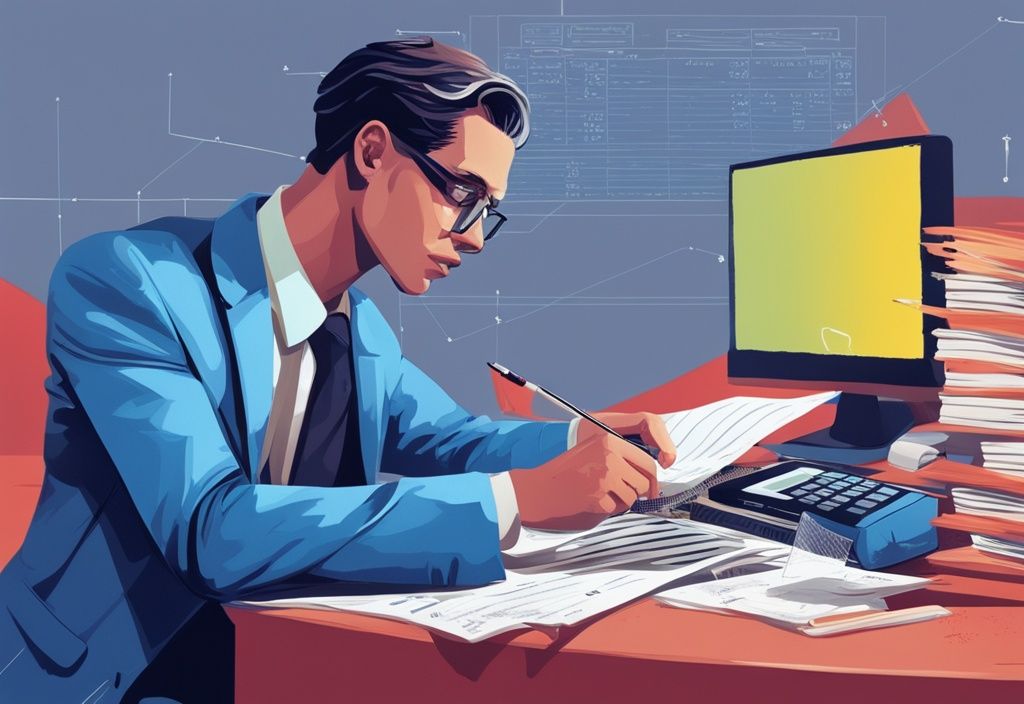 Modernes digitales Gemälde eines gut gekleideten Individuums, das einen offenen Taschenrechner und ein Dokument mit Krediten und Schulden studiert, mit einem Nettoeinkommen von 1700 Euro auf einem futuristischen digitalen Bildschirm; wie viel Kredit bei 1700 netto.