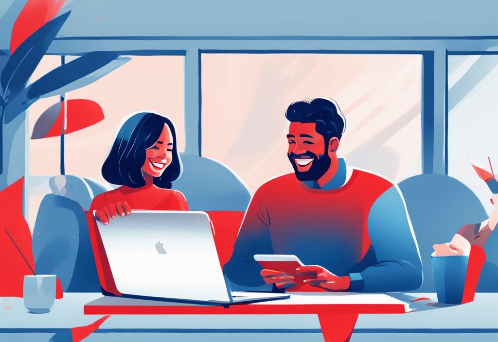 Modernes digitales Gemälde eines glücklichen Paares, das auf einem Laptop ihre verbesserten Kreditbewertungen überprüft, mit dem Santander-Logo im Hintergrund - Santander Kredit Erfahrungen.
