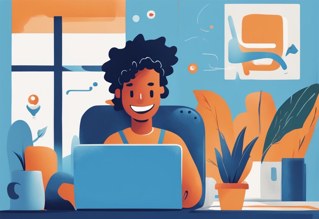Moderner digitaler Gemälde-Illustration eines zufriedenen Kunden, der die Comdirect Credit-Oberfläche auf seinem Laptop navigiert, Hauptfarbe Blau.