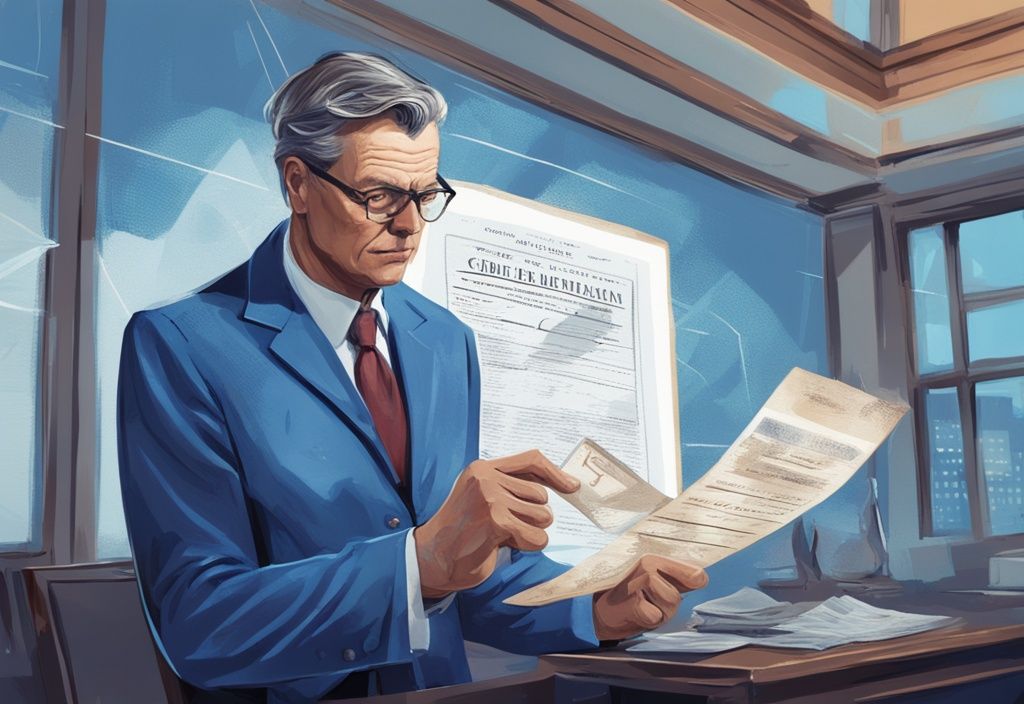 Mittelalter Mann in professioneller Kleidung untersucht neugierig ein vergrößertes Anleihezertifikat, symbolisiert Kredit auf Wertpapiere, moderne digitale Malerei, blaues Farbthema