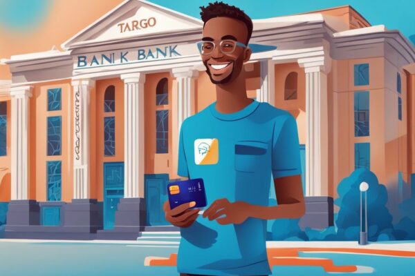 Zufriedener Kunde hält Targo Bank Kreditkarte vor dem Targo Bank Gebäude, symbolisiert positive Targo Bank Kredit Erfahrungen, blaue Farbtöne, moderne digitale Illustration.