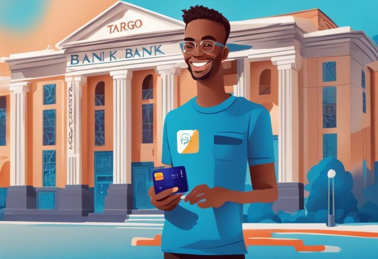 Zufriedener Kunde hält Targo Bank Kreditkarte vor dem Targo Bank Gebäude, symbolisiert positive Targo Bank Kredit Erfahrungen, blaue Farbtöne, moderne digitale Illustration.