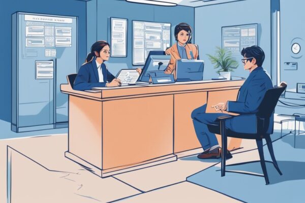 Moderne digitale Illustration mit zwei Personen an einem Bankschalter, ein Bankmitarbeiter erklärt Details und eine Person hört aufmerksam zu, im Hintergrund ein Flussdiagramm, das zeigt, wie funktioniert ein Kredit.