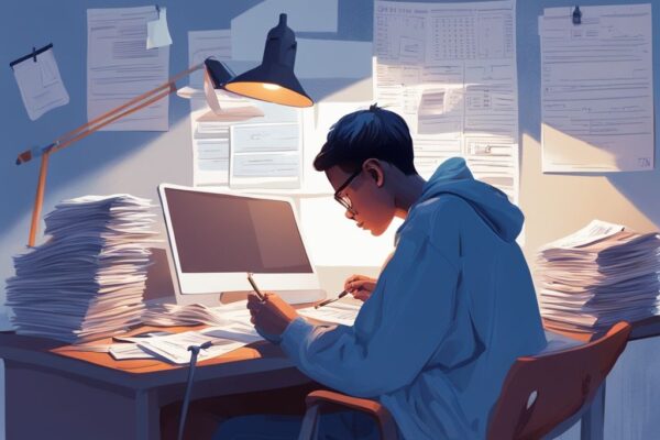 Moderner digitaler Gemäldeillustration: Student an einem schwach beleuchteten Schreibtisch, umgeben von Rechnungen und Kreditformularen, leeres Sparschwein daneben, Thema: Kredit für Studenten ohne Einkommen.
