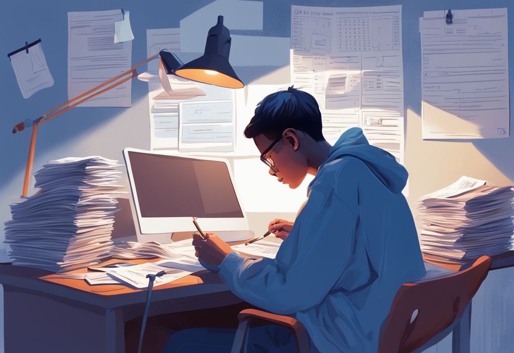 Moderner digitaler Gemäldeillustration: Student an einem schwach beleuchteten Schreibtisch, umgeben von Rechnungen und Kreditformularen, leeres Sparschwein daneben, Thema: Kredit für Studenten ohne Einkommen.