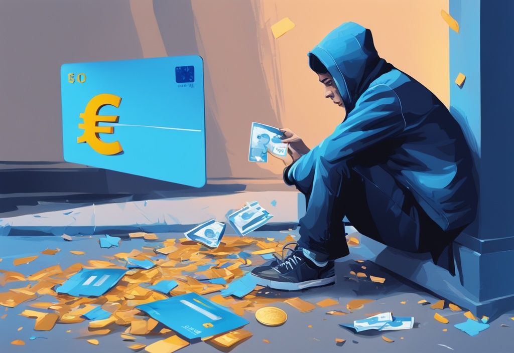 Moderne digitale Illustration in Blau: Zerschmettertes Euro-Symbol am Boden, besorgte Person untersucht ihre Kreditkarte im Vordergrund, was passiert mit meinem Kredit wenn der Euro zerbricht.