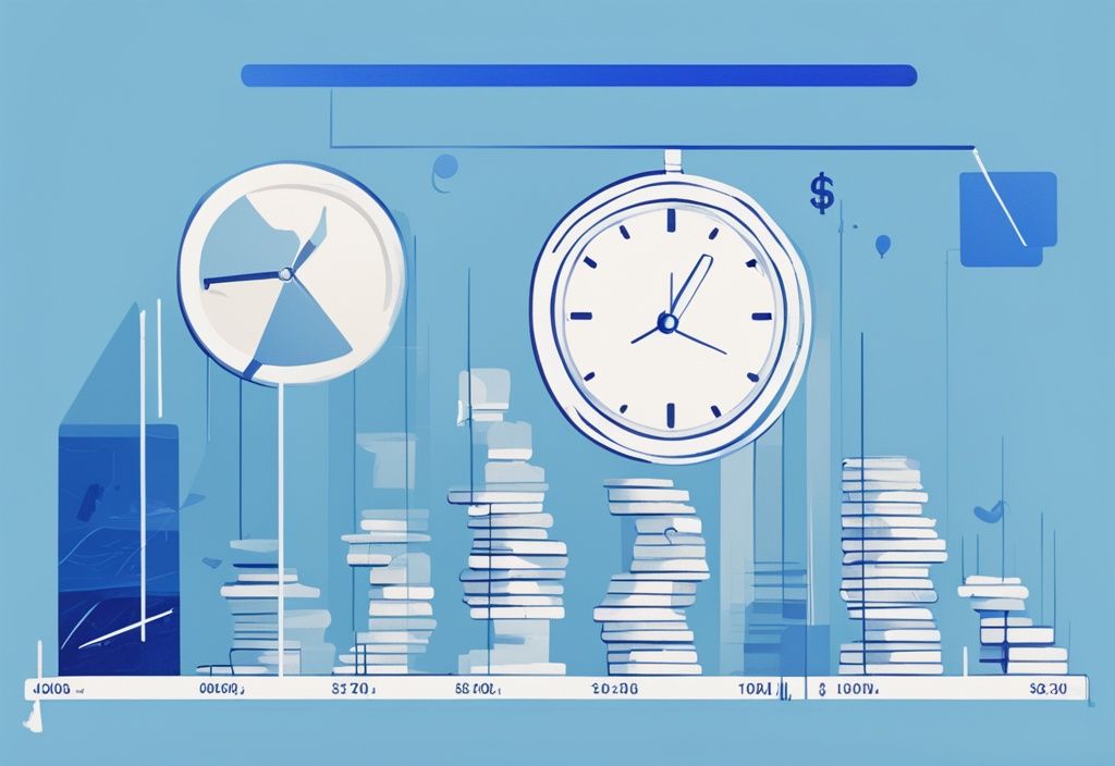 Moderne digitale Illustration eines Zeitstrahls zur Rückzahlung eines Kredits von 100.000€ bei verschiedenen Zinssätzen, Hauptfarbthema Blau.