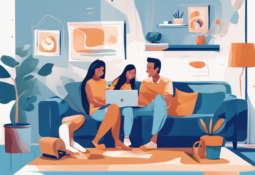 Digitale Illustration eines glücklichen jungen Familie in einem gemütlichen Wohnzimmer, Laptop auf dem Couchtisch zeigt erfolgreiche Elternzeitkredit-Anwendung, Hauptfarbe Blau
