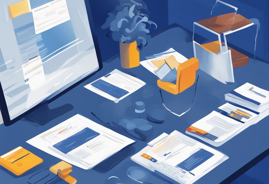 Moderne digitale Malerei mit blauer Farbtönung, zeigt wesentliche Dokumente wie Ausweis, Einkommensnachweis und Kreditbericht neben dem Targobank-Logo, symbolisiert was braucht man für einen Kredit bei der Targobank.