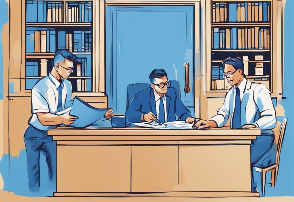 Moderne digitale Illustration, Bankvertreter übergibt unterzeichneten Kreditvertrag an Kreditnehmer und Bürgen in professionellem Umfeld, Hauptfarbthema Blau.