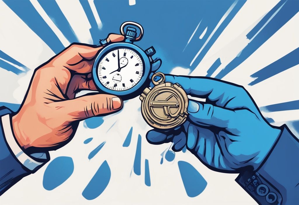 Moderne digitale Malerei, blaue Farbtöne, Hände halten eine Stoppuhr in Form einer Zeitbombe mit Dollarzeichen, symbolisiert die Fälligkeit eines Bullet-Darlehens