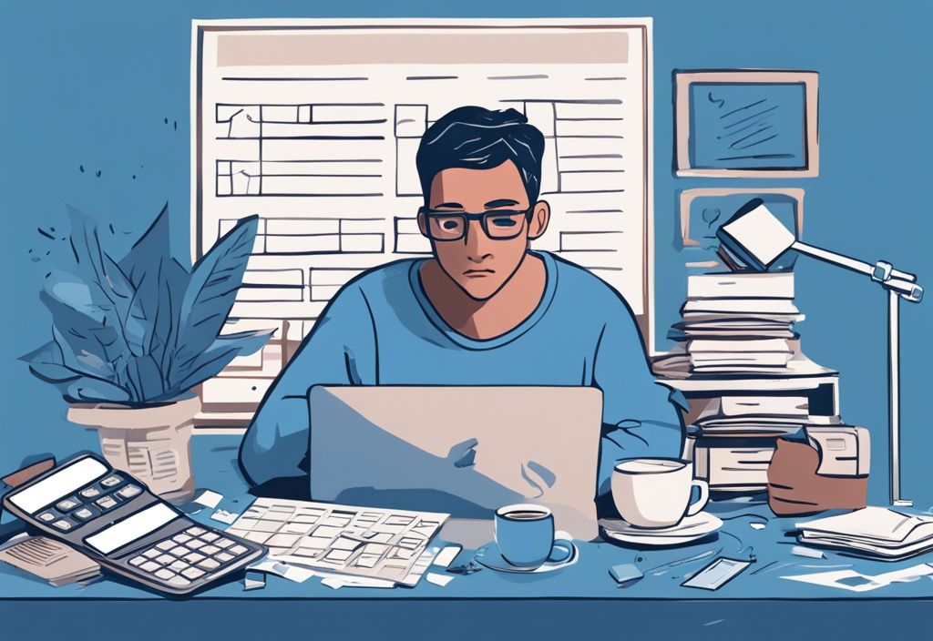 Moderner digitaler Gemäldeillustration einer besorgten Person, die einen Online-Darlehensrechner auf ihrem Computer verwendet, mit verschiedenen Rechnungen und einer Tasse Kaffee auf dem Schreibtisch, Hauptfarbthema Blau.