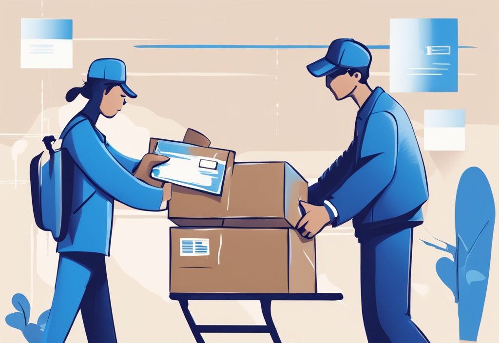 Moderne digitale Illustration mit blauem Farbschema, die eine Person zeigt, die ein Express-Kurierpaket erhält, das einen Express Kredit aus dem Ausland ohne Schufa-Abfrage symbolisiert.