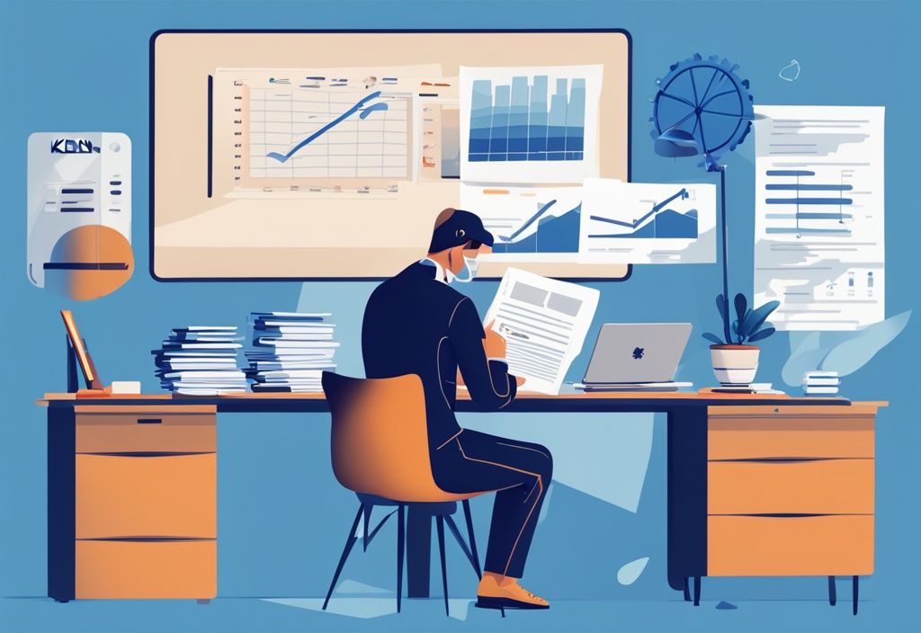 Moderne digitale Illustration eines Individuums am Schreibtisch, das ein Dokument mit der Aufschrift "KfW Kredit" liest, während im Hintergrund ein Laptop mit einem Diagramm der Kreditrückzahlungsbedingungen zu sehen ist, was ist ein KfW Kredit.