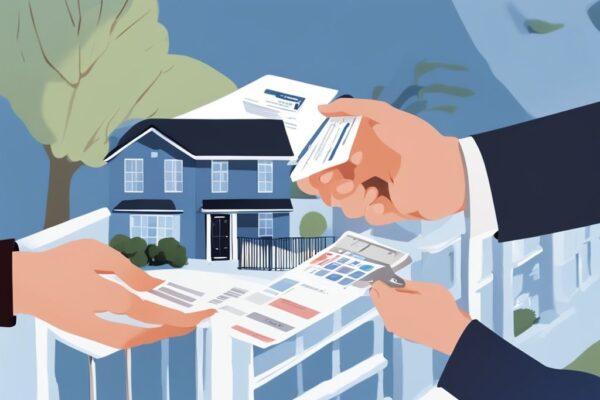 Haus wieder verkaufen trotz Kredit: Digitales Gemälde eines Hausbesitzers, der die Schlüssel an einen neuen Eigentümer übergibt, mit einem Dokument der verbleibenden Darlehensdetails im Vordergrund.