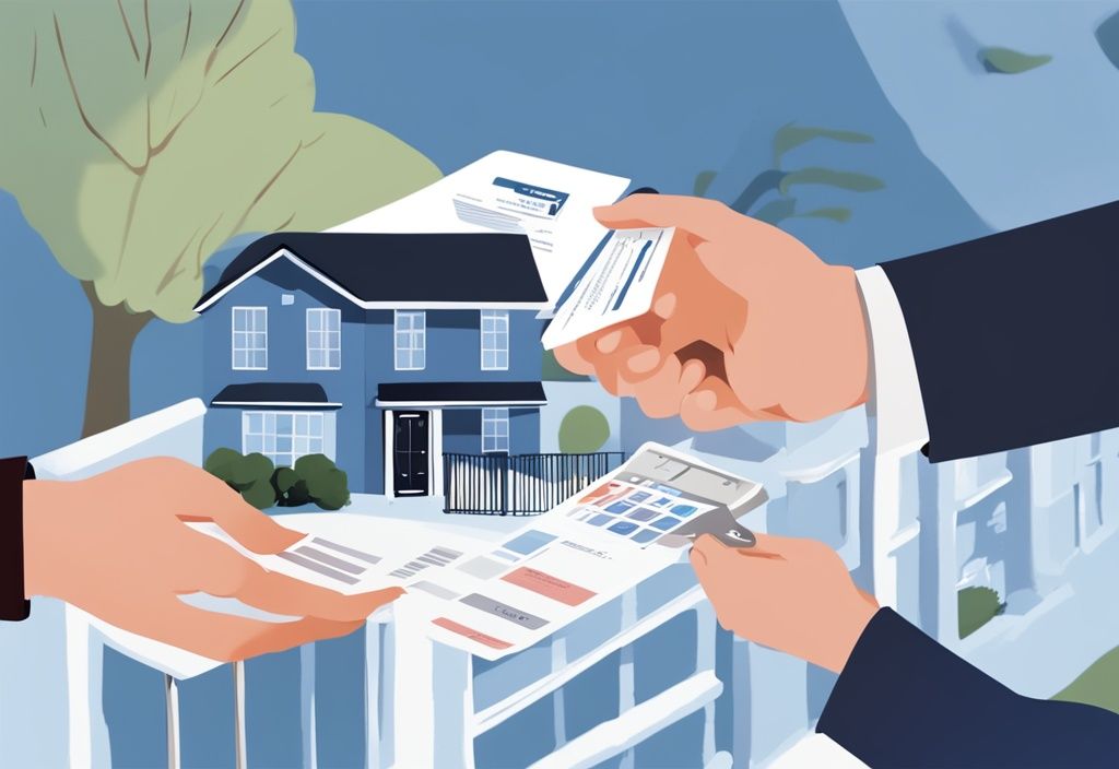 Haus wieder verkaufen trotz Kredit: Digitales Gemälde eines Hausbesitzers, der die Schlüssel an einen neuen Eigentümer übergibt, mit einem Dokument der verbleibenden Darlehensdetails im Vordergrund.