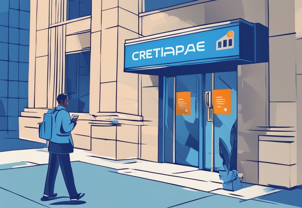 Kunde verlässt Bank mit genehmigtem Kreditdokument, Schild 'Kreditgenehmigung nach Entlassung' im Hintergrund, moderne digitale Illustration, blaue Farbtöne