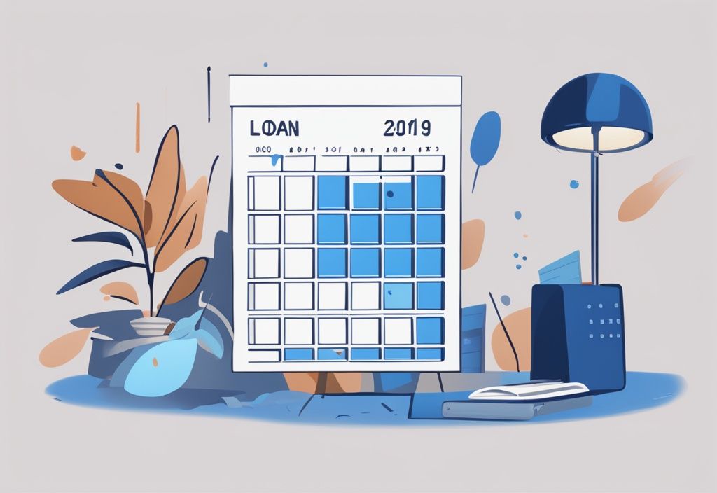 Moderne digitale Malerei mit blauem Farbschema, Kalender mit markierten Daten für den Zeitraum eines Kreditrückzahlungsprozesses, Dollarzeichen am Enddatum.