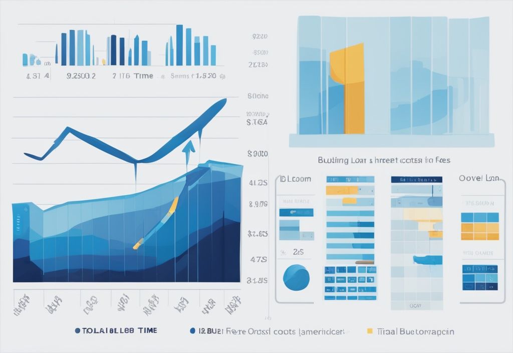 Moderne digitale Malerei mit blauem Farbschema, die eine Grafik zur Aufschlüsselung der Gesamtkosten eines Kredits einschließlich Zinsen, Gebühren und Kapital im Zeitverlauf zeigt