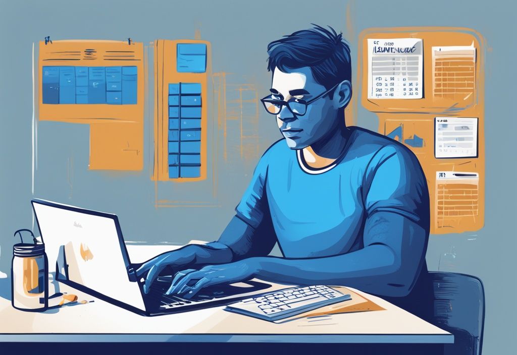 Moderner digitaler Gemälde-Illustration eines zeitgenössischen Individuums, das an einem Schreibtisch sitzt und mit einem Laptop Kreditoptionen berechnet, mit einem klaren Infografik, die "Kredit für 6000 Netto" anzeigt, wie viel Kredit bei 6000 netto.