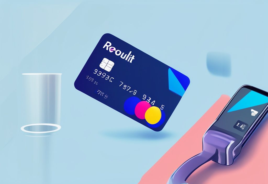 Moderne digitale Illustration mit blauem Farbschema, Plastik-Kreditkarte mit Revolut-Logo neben einem modernen Smartphone mit Revolut-App-Interface.