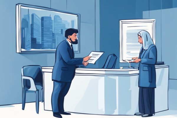Moderne digitale Illustration in Blau, Person übergibt Dokument an Bankbeamten, Bedeutung als Bürgen für Kredit mit Bürgen welche Bank