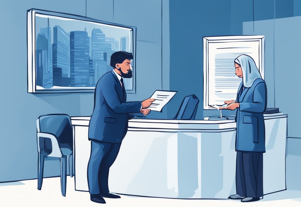 Moderne digitale Illustration in Blau, Person übergibt Dokument an Bankbeamten, Bedeutung als Bürgen für Kredit mit Bürgen welche Bank