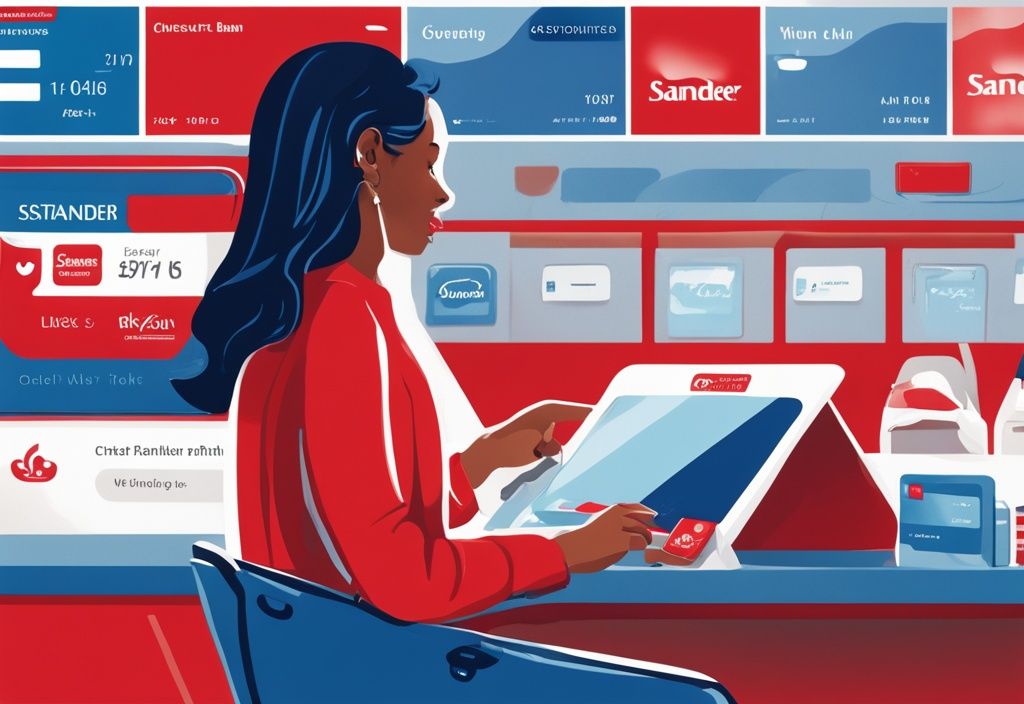 Moderne digitale Malerei mit Blau als Hauptfarbe, Person durchsucht zufrieden die Kreditkarten-Sektion der Santander-Bank-Website.