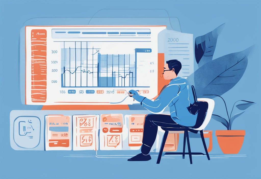 Moderne digitale Illustration einer Person, die ihre Kreditmöglichkeiten auf einem großen digitalen Bildschirm berechnet, der ein Nettoeinkommen von 2000 zeigt, Hauptfarbthema blau.