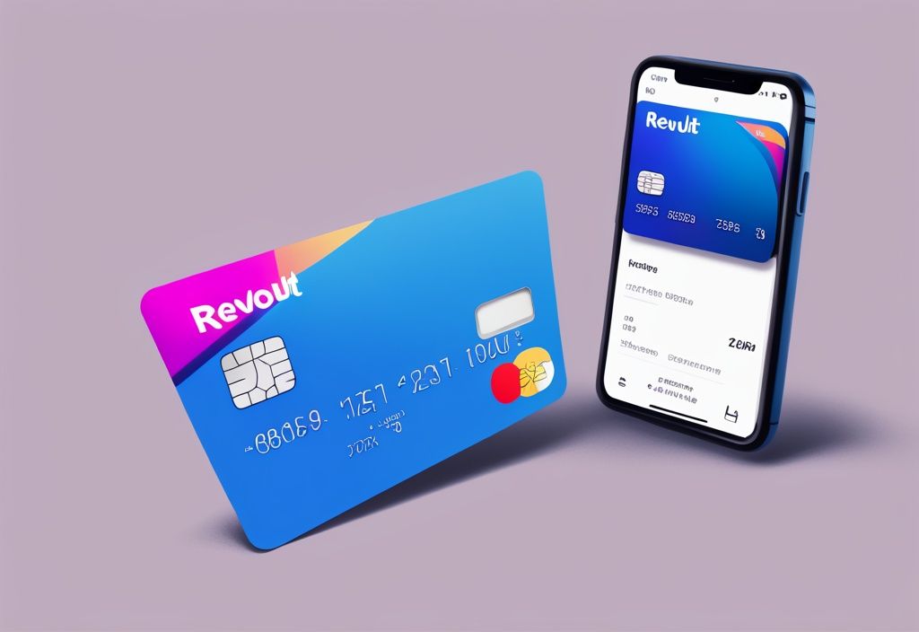 Moderne digitale Malerei mit blauem Farbschema, Revolut Kreditkarte und Smartphone mit Revolut App-Interface.