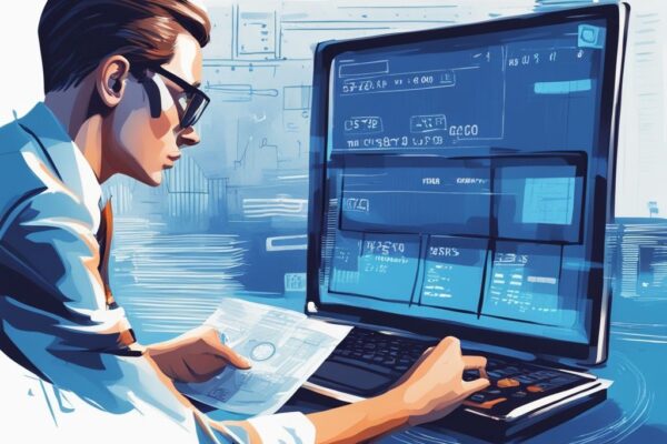 Moderne digitale Illustration mit Blau als Hauptfarbe: Gut gekleidete Person studiert einen offenen Taschenrechner, ein Dokument mit Krediten und Schulden sowie ein 1700 Netto-Einkommen auf einem futuristischen digitalen Bildschirm, wie viel Kredit bei 1700 netto.