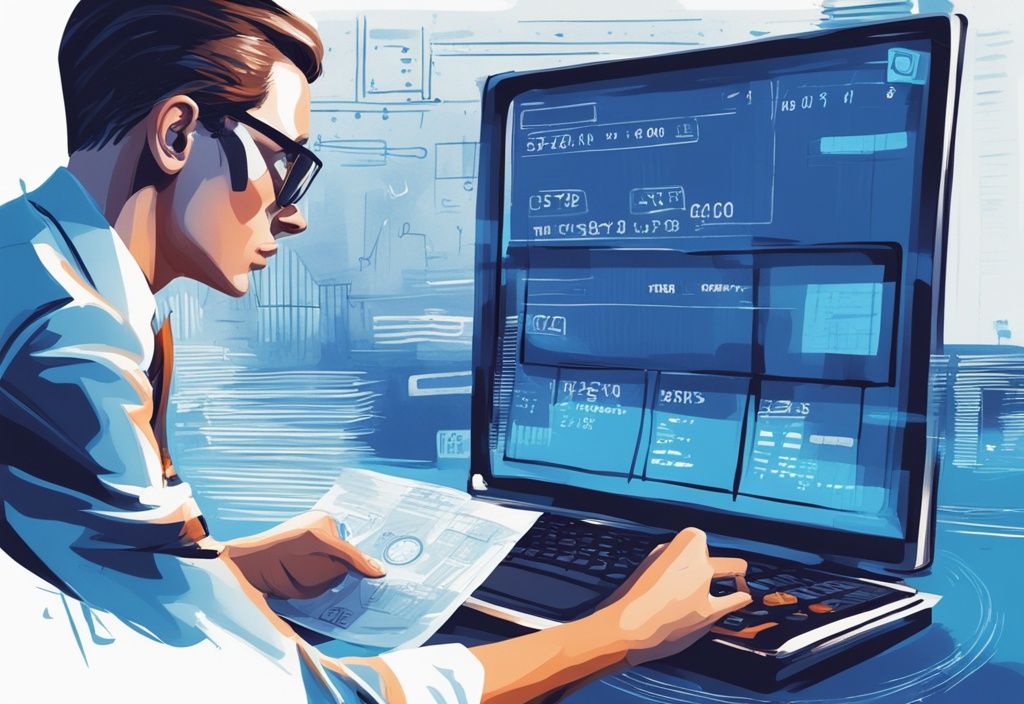 Moderne digitale Illustration mit Blau als Hauptfarbe: Gut gekleidete Person studiert einen offenen Taschenrechner, ein Dokument mit Krediten und Schulden sowie ein 1700 Netto-Einkommen auf einem futuristischen digitalen Bildschirm, wie viel Kredit bei 1700 netto.